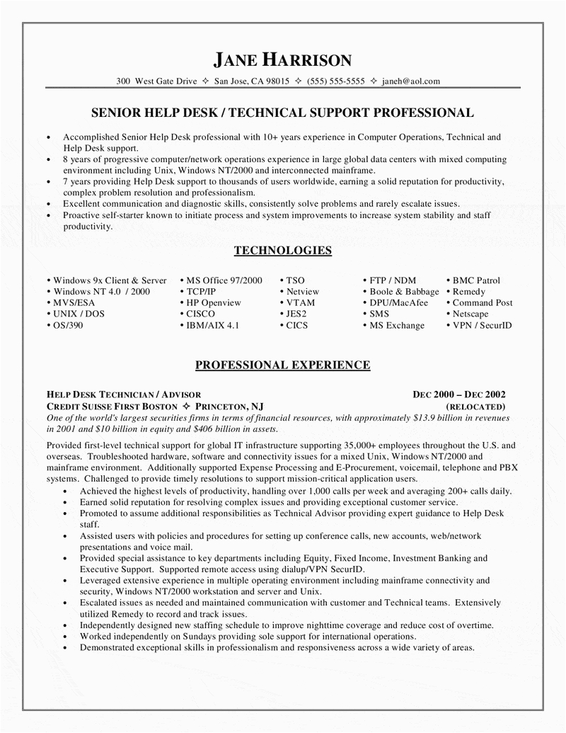 Help Desk Technical Support Resume Sample Help Desk & Technical Support Resume