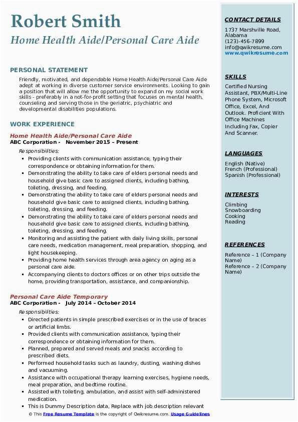 Hha and Personal Care Resume Samples Personal Care Aide Resume Samples