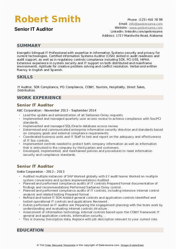 Indeed Resume Sample for It Auditor Senior It Auditor Resume Samples