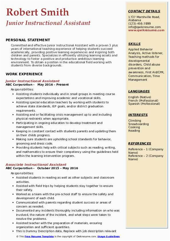 Jr High School Teacher assistant Resume Sample Instructional assistant Resume Samples