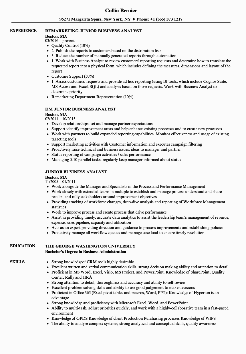 Junior Ba Resume Sample for It Junior Business Analyst Resume