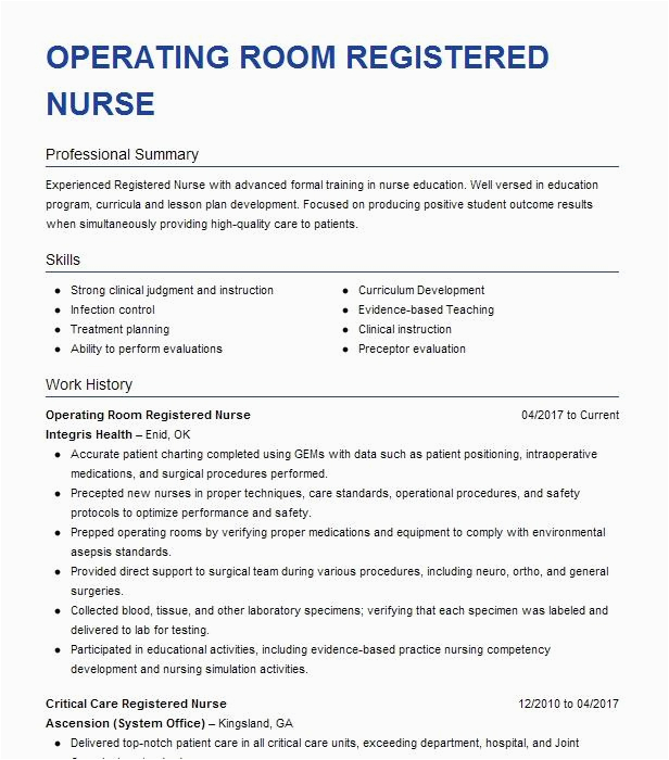 Operating Room Registered Nurse Resume Sample Operating Room Registered Nurse Resume Example Mountain View Regional