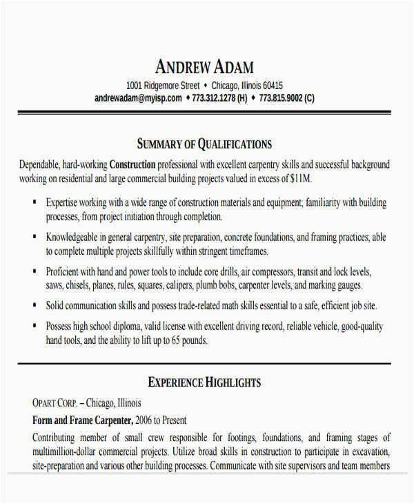 Printable Sample Resume for Construction Worker 20 Printable Work Resume Templates Pdf Doc