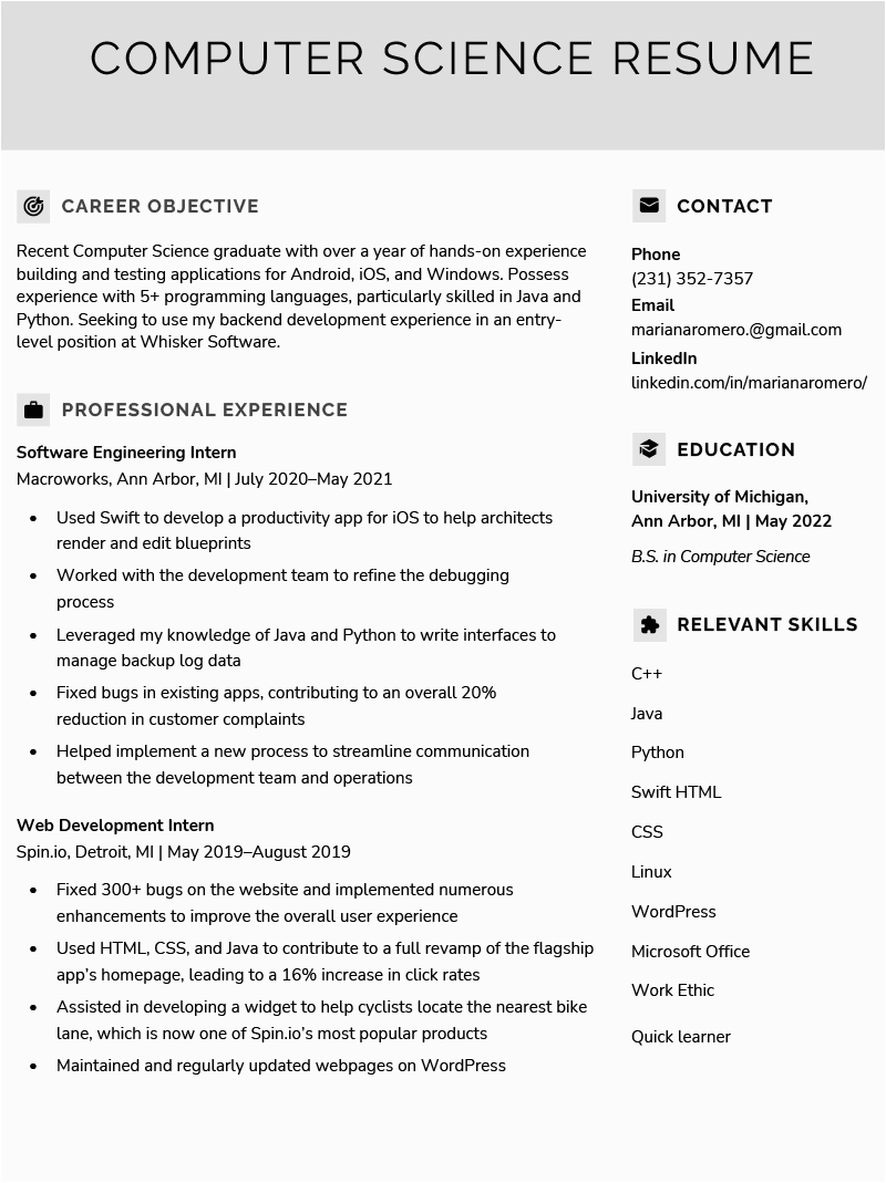 Resume for Computer Job Sample format Puter Science Resume Sample & Writing Tips