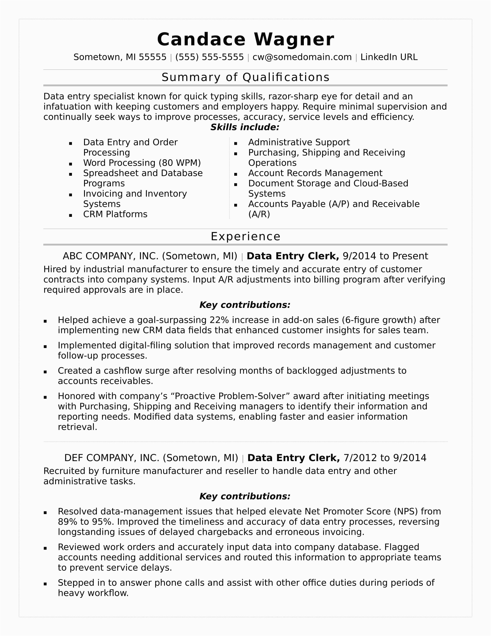 Resume for Data Entry Position Sample Data Entry Resume