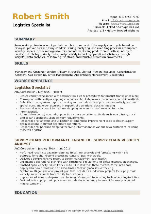 Resume Sample for A 3pl Company Logistics Specialist Resume Samples