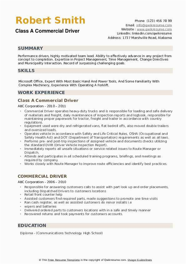 Resume Sample for A Commercail Driver Mercial Driver Resume Samples