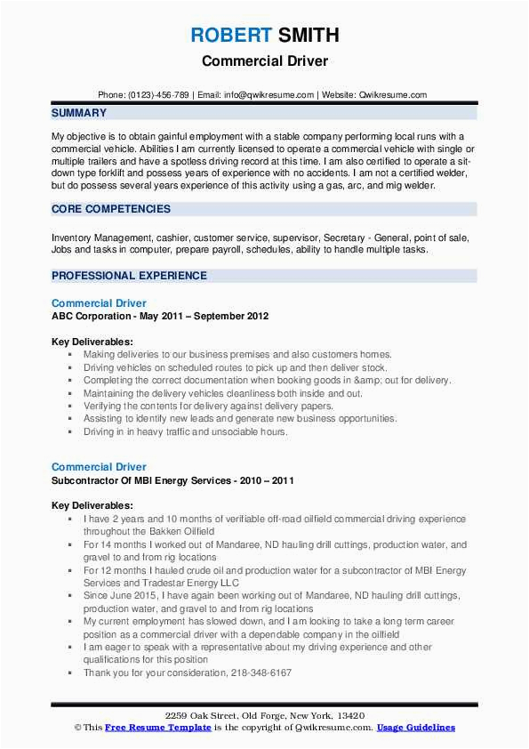 Resume Sample for A Commercail Driver Mercial Driver Resume Samples
