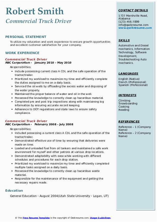 Resume Sample for A Commercail Driver Mercial Truck Driver Resume Samples