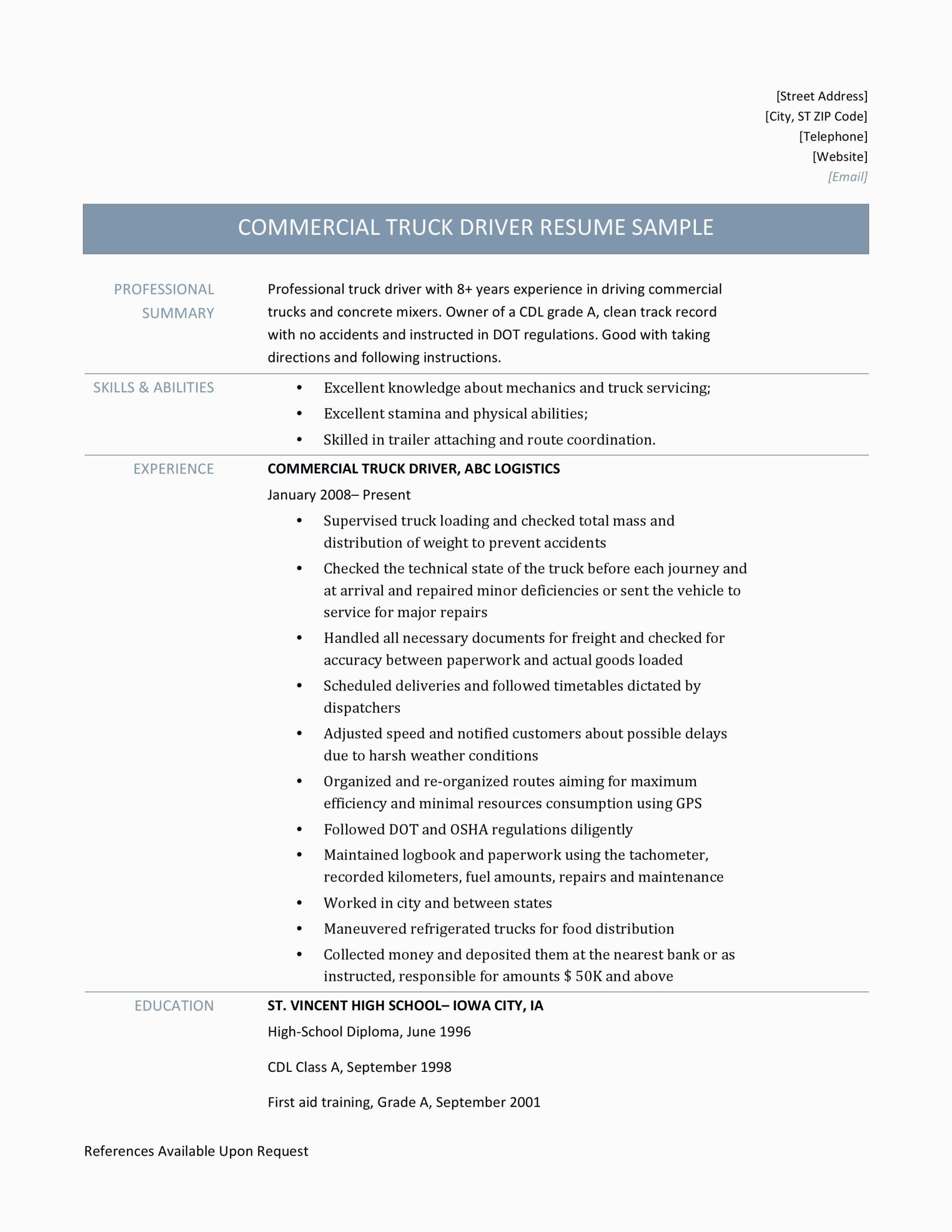 Resume Sample for A Commercail Driver Mercial Truck Driver Resume Template 2017