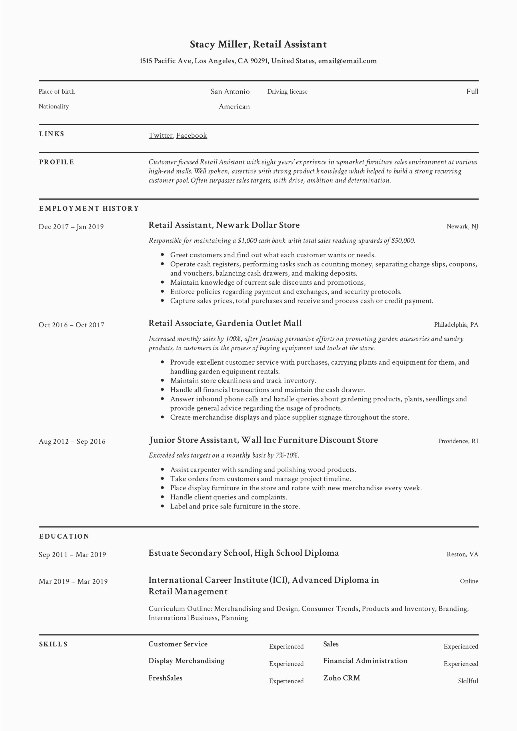 Resume Sample for Retail Sales Job 12 Retail assistant Resume Samples & Writing Guide