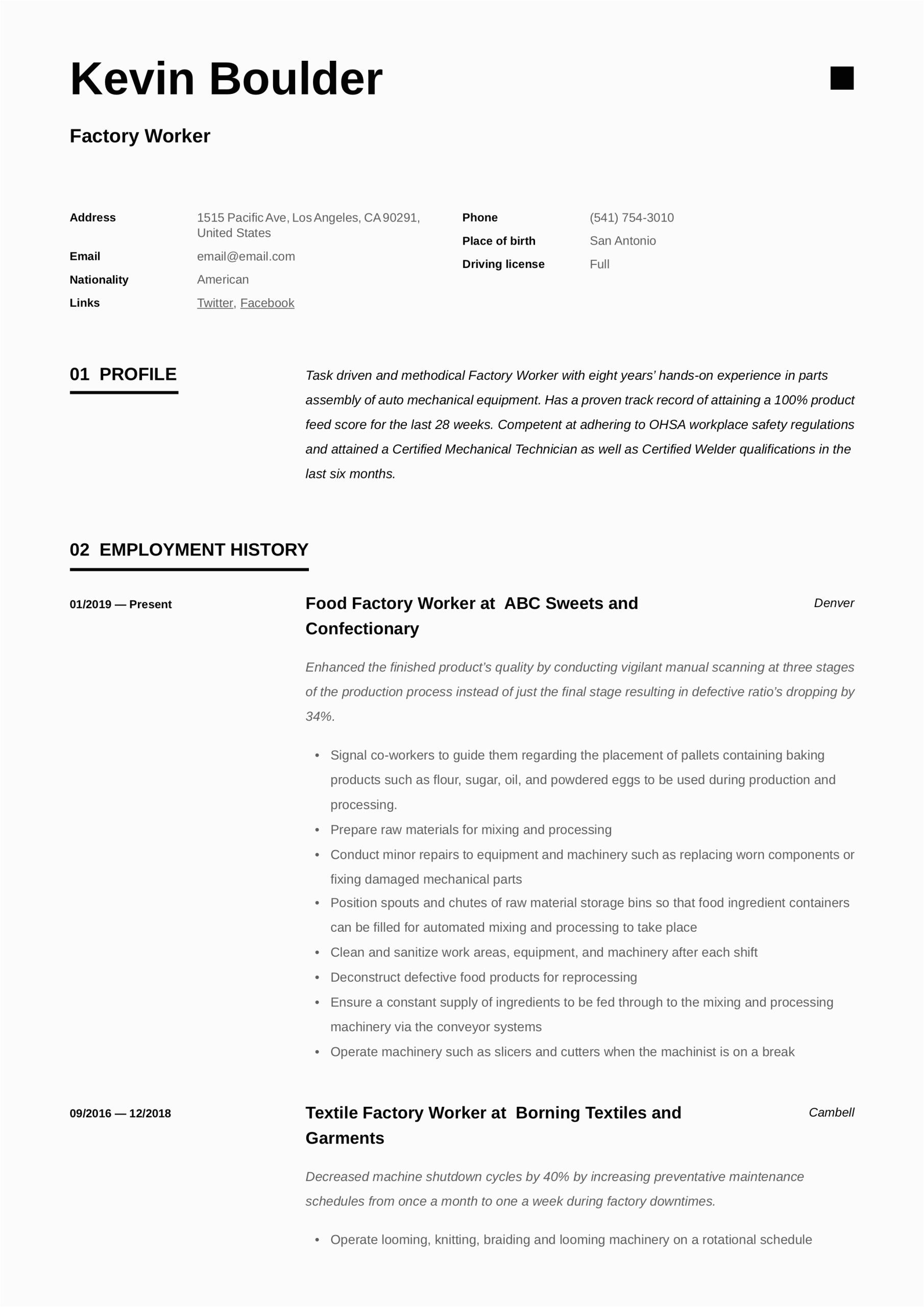 Resume Samples for A Factory Position Factory Worker Resume & Writing Guide 12 Resume Examples