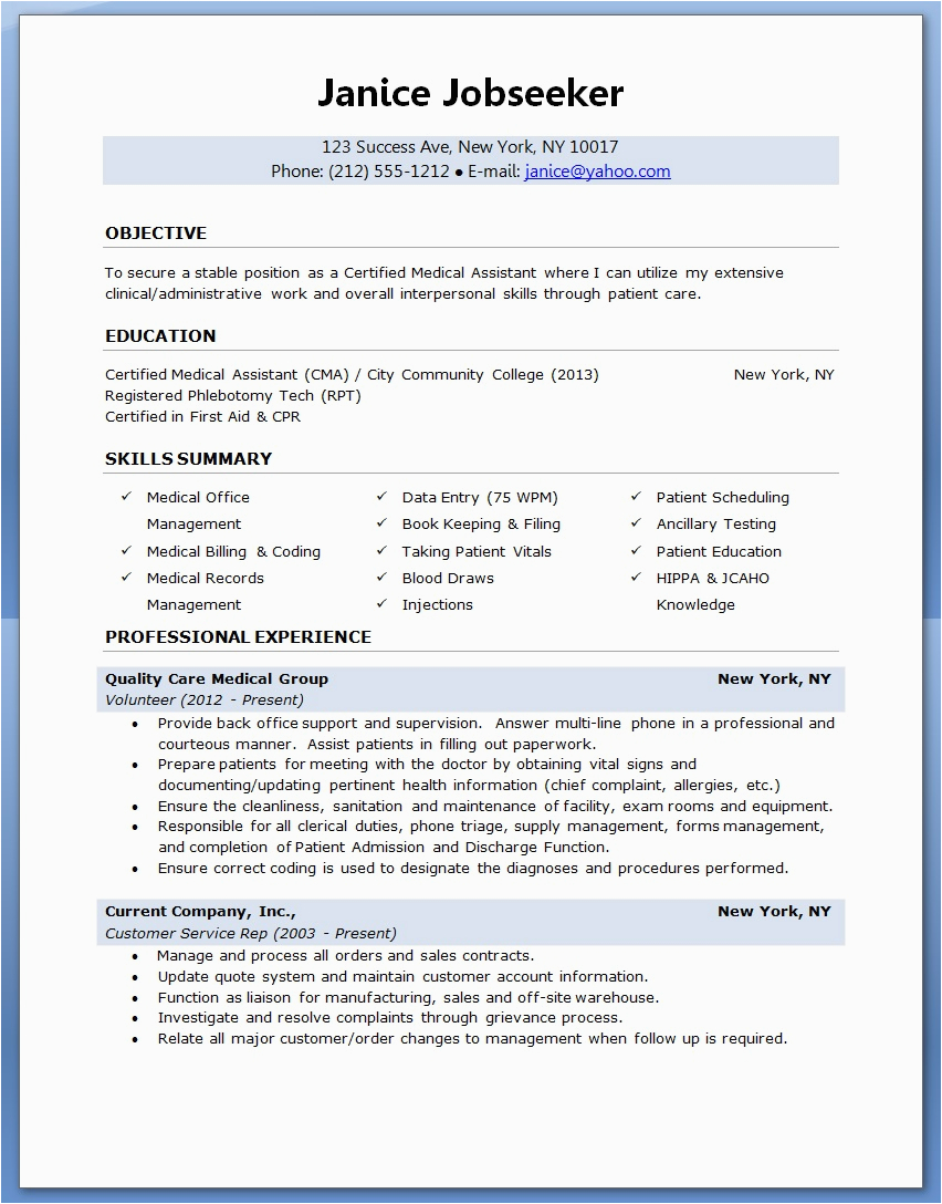 Resume Samples for A Medical assistant Sample Of A Medical assistant Resume 2016
