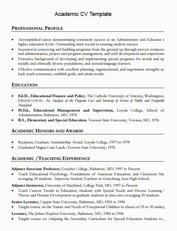 Resume Samples for Academic Positions In Education Free 8 Sample Academic Cv Templates In Pdf