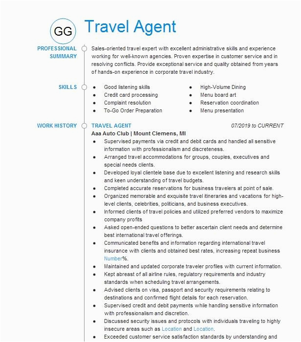 Resume Samples for Travel and tourism Travel Agent Resume Example Travel and tourism Resumes