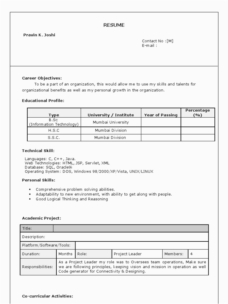 Sample Copy Of Resume for Freshers Fresher Resume format