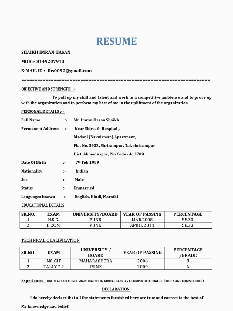 Sample Copy Of Resume for Freshers Fresher Resume