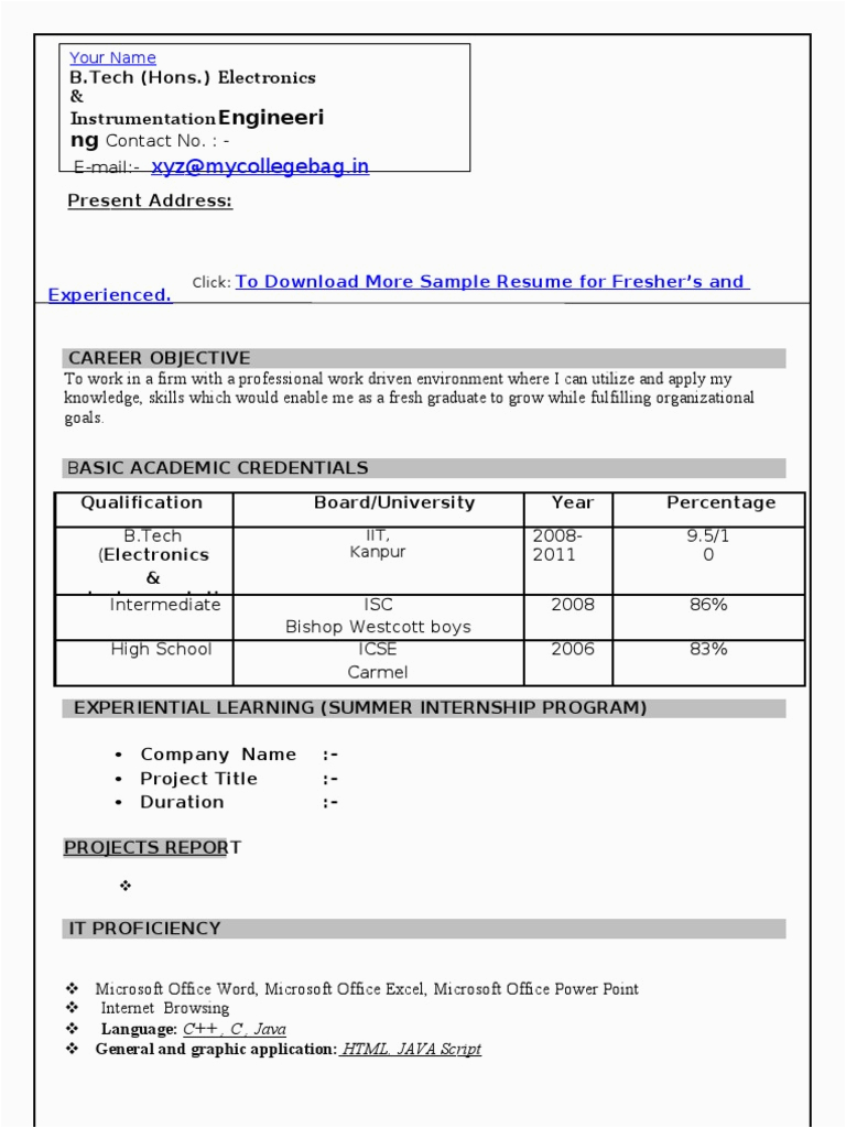 Sample Copy Of Resume for Freshers Resume format for Freshers