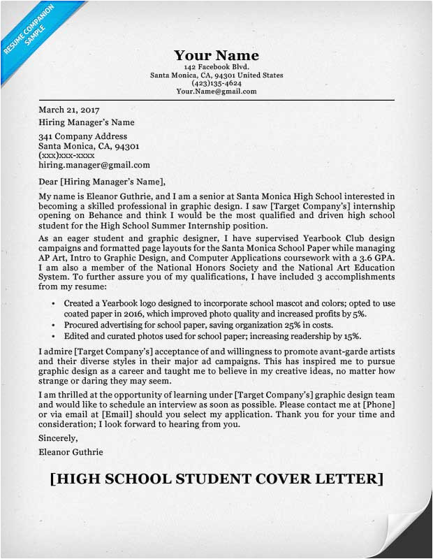 Sample Cover Letter and Resume for High School Student Examples Cover Letters for High School Students