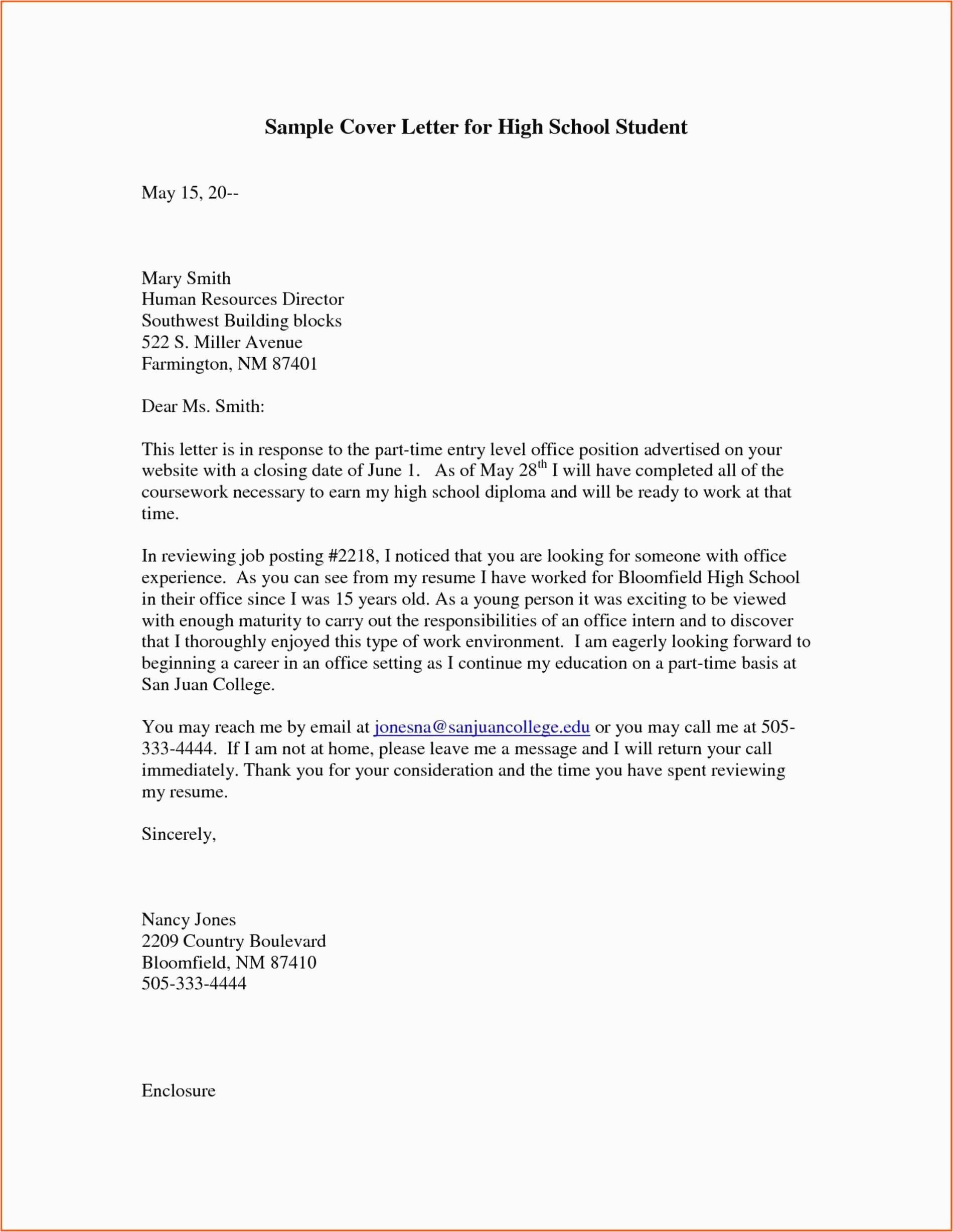 Sample Cover Letter and Resume for High School Student Student Resume Cover Letter Examples