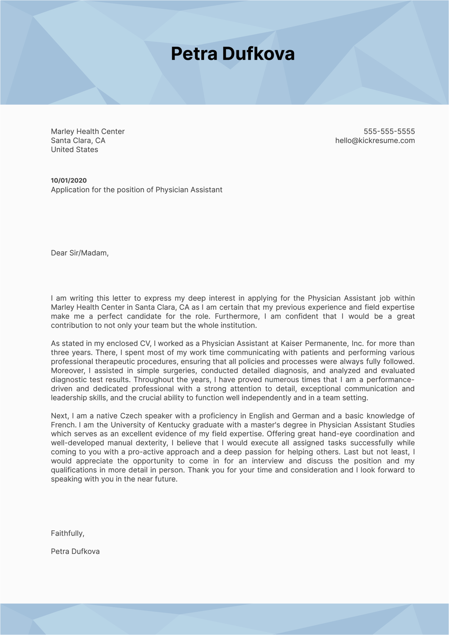 Sample Cover Letter for Physician assistant Resume Physician assistant Cover Letter Example