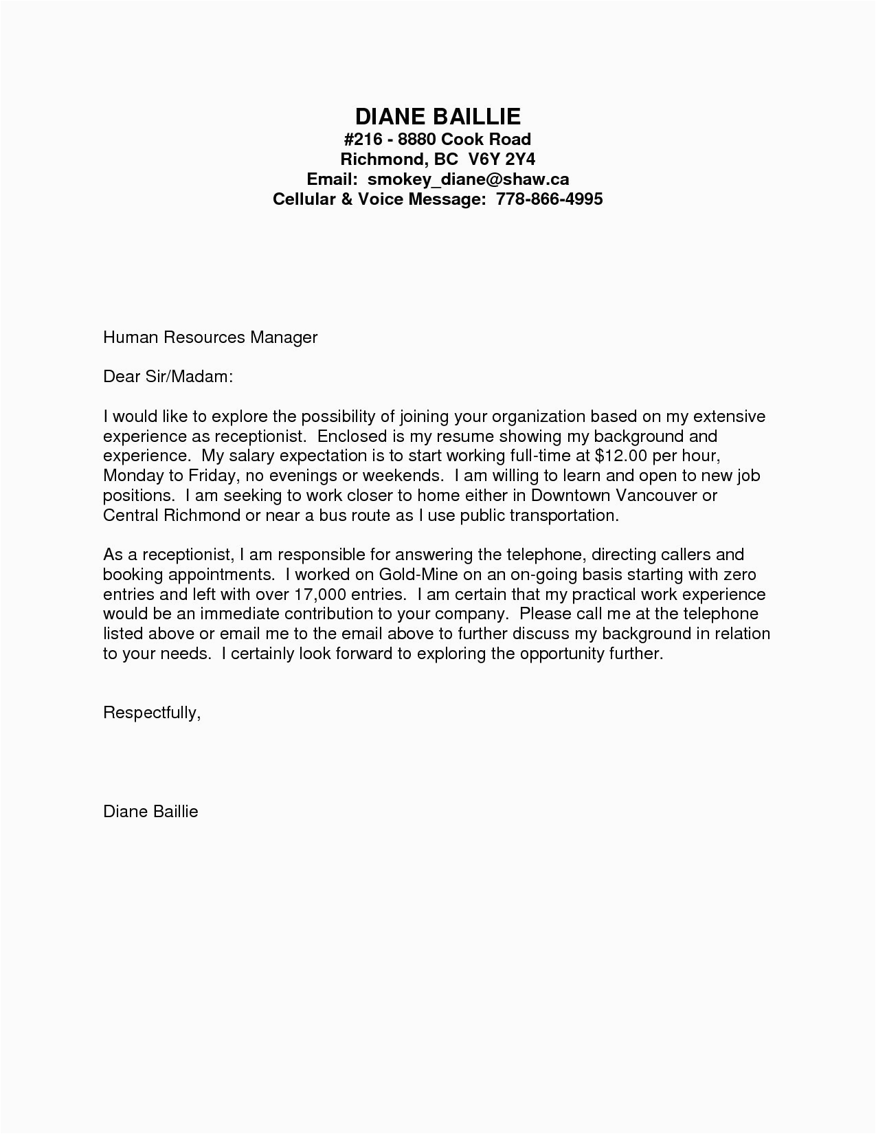 Sample Cover Letter for Resume with No Work Experience Volunteer Cover Letter No Experience – Printable Receipt