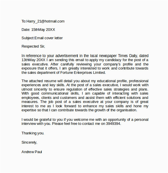 Sample Cover Letter for Sending Resume Via Email Free 8 Email Cover Letter Templates In Pdf