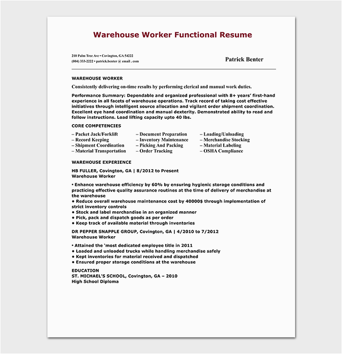Sample Functional Resume for Warehouse Worker Warehouse Worker Resume Template