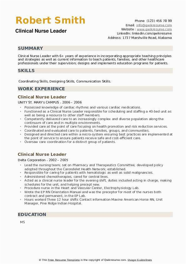 Sample Objectives for Nursing Leadership Resume Clinical Nurse Leader Resume Samples