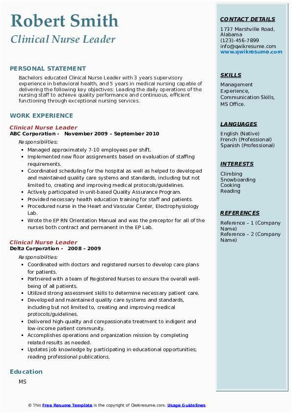 Sample Objectives for Nursing Leadership Resume Clinical Nurse Leader Resume Samples