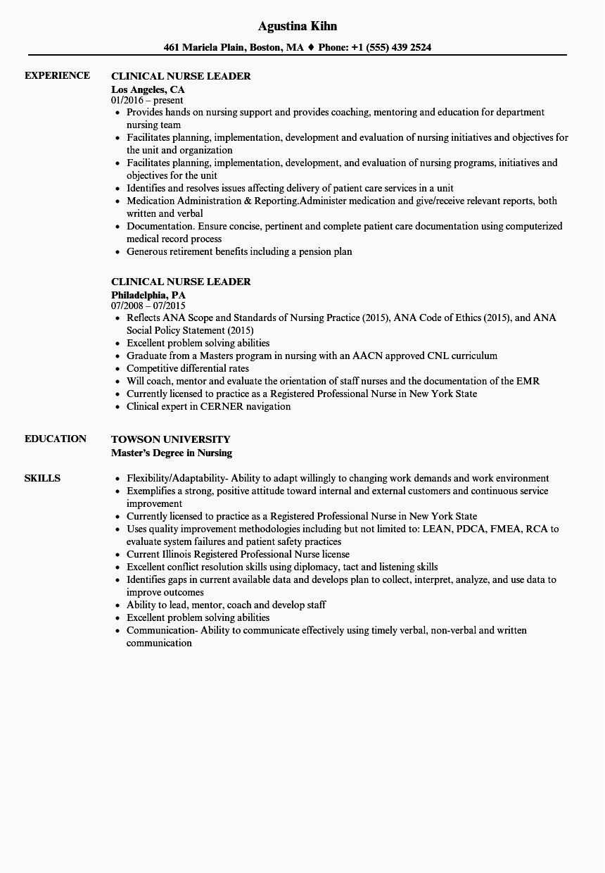 Sample Objectives for Nursing Leadership Resume Nursing Clinical Experience Resume Awesome Clinical Nurse Leader Resume