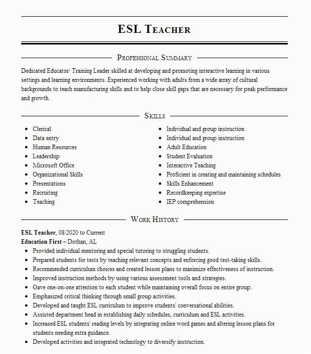 Sample Objectives for Resume Esl Teachers Esl Teacher Resume Example Teaching Resumes