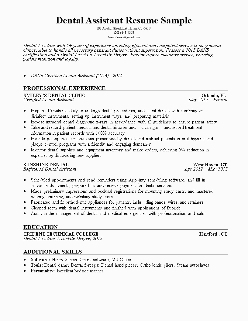 Sample Of Resume for Dental assistant Dental assistant Resume Sample