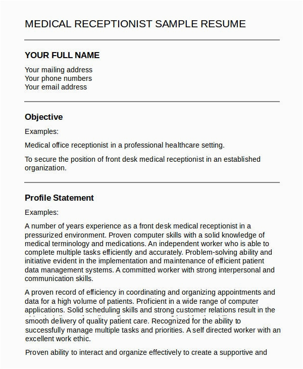Sample Of Resume for Medical Receptionist 5 Medical Receptionist Resume Templates Pdf Doc