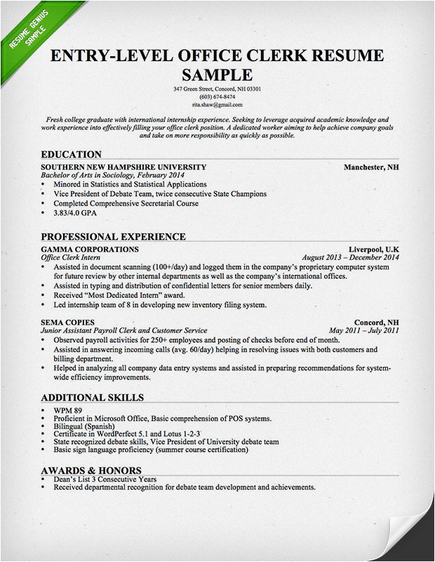 Sample Of Resume for Office Staff Position Entry Level Fice Clerk Resume Sample