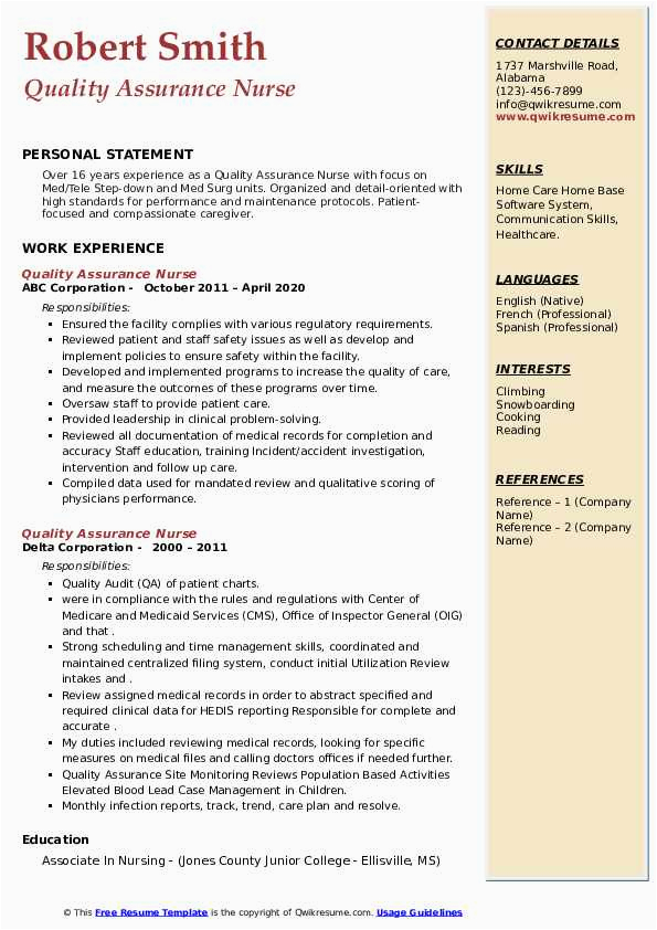 Sample Qa Resume with Healthcare Experience Quality assurance Nurse Resume Samples