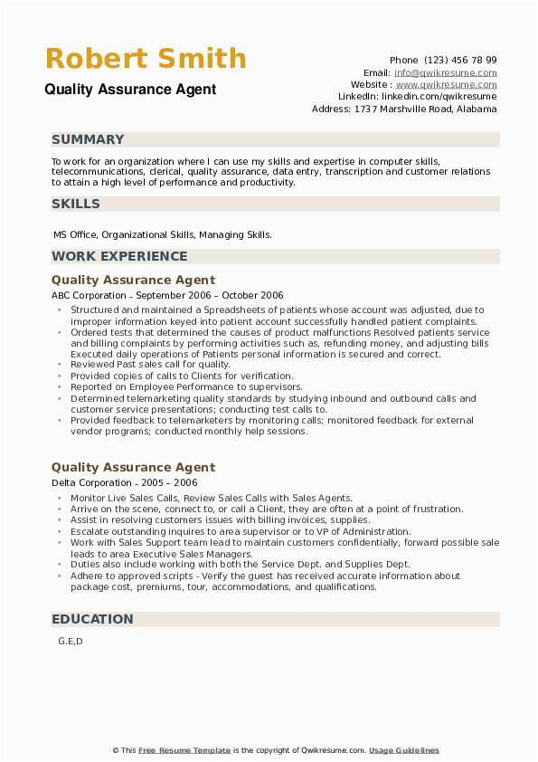 Sample Qa Resume with Insurance Experience Quality assurance Agent Resume Samples