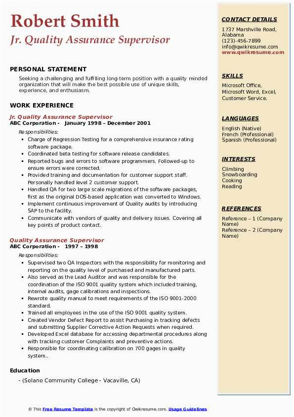 Sample Qa Resume with Insurance Experience Quality assurance Supervisor Resume Samples