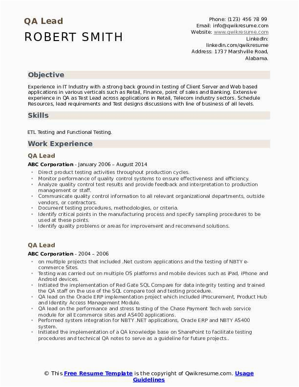 Sample Qa Resume with Retail Experience Qa Lead Resume Samples