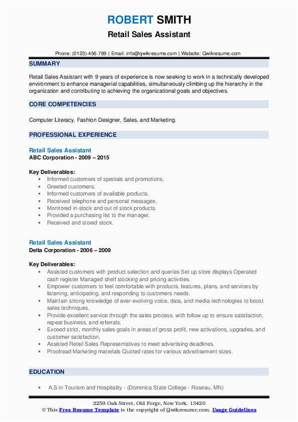 Sample Qa Resume with Retail Experience Retail Sales assistant Resume Samples