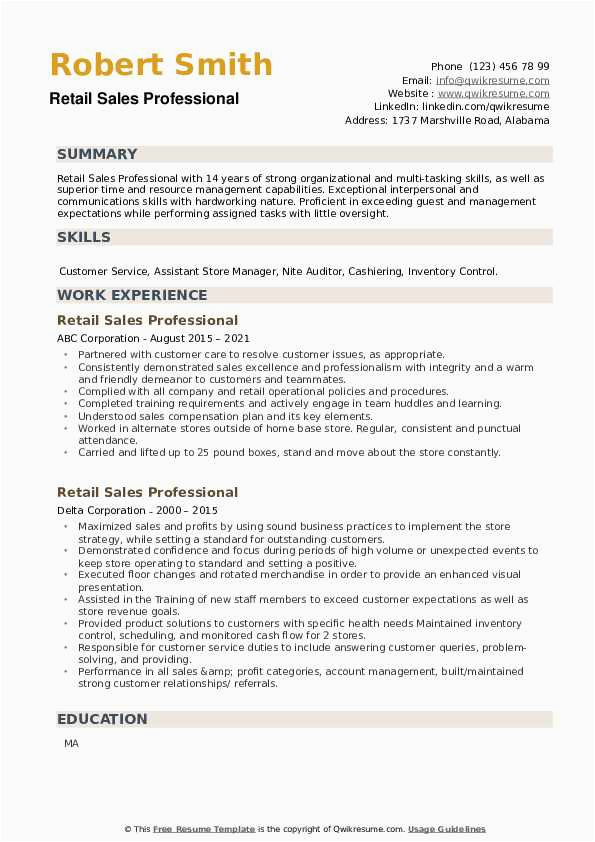 Sample Qa Resume with Retail Experience Retail Sales Professional Resume Samples