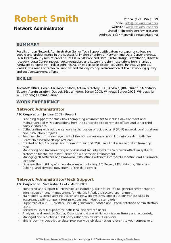 Sample Resume for A Network Administrator Network Administrator Resume Samples