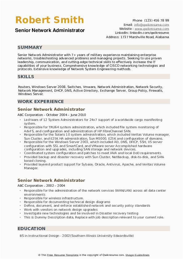 Sample Resume for A Network Administrator Senior Network Administrator Resume Samples