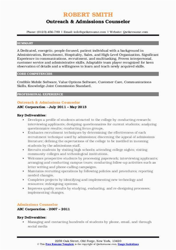 Sample Resume for A Outreach Counselor Admissions Counselor Resume Samples