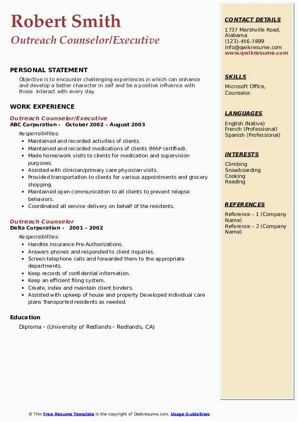 Sample Resume for A Outreach Counselor Outreach Counselor Resume Samples