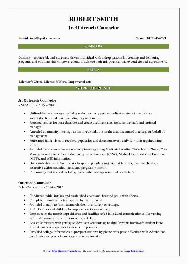 Sample Resume for A Outreach Counselor Outreach Counselor Resume Samples