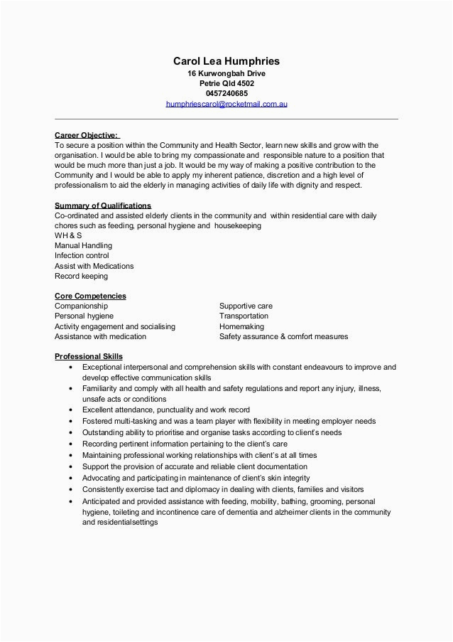 Sample Resume for Aged Care Worker with No Experience Aged Care Resume Anglicare