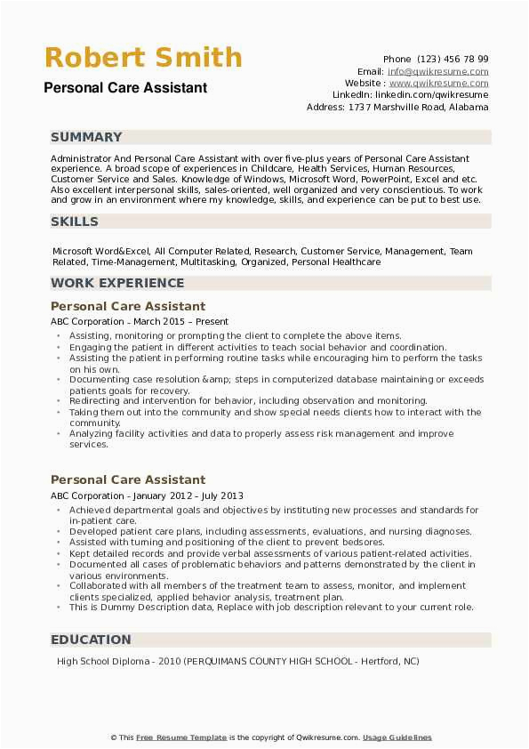 Sample Resume for Aged Care Worker with No Experience Personal Care assistant Resume Samples