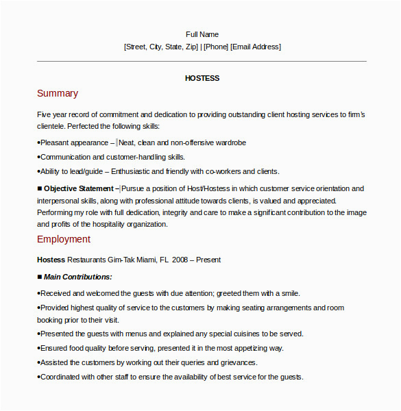 Sample Resume for Air Hostess Fresher Free 6 Sample Hostess Resume Templates In Ms Word