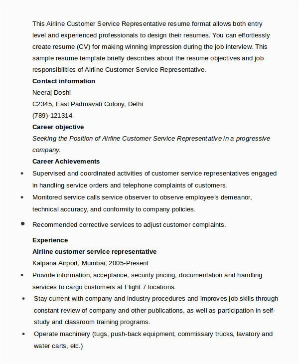 Sample Resume for Airline Customer Service Representative Customer Service Representative Resume 9 Free Sample